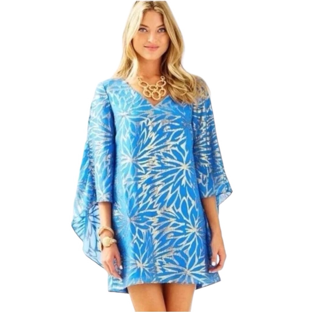 NWT Lilly Pulitzer Mini Silk Caftan Dress. Size 2. Lapis Blue/Gold Metallic